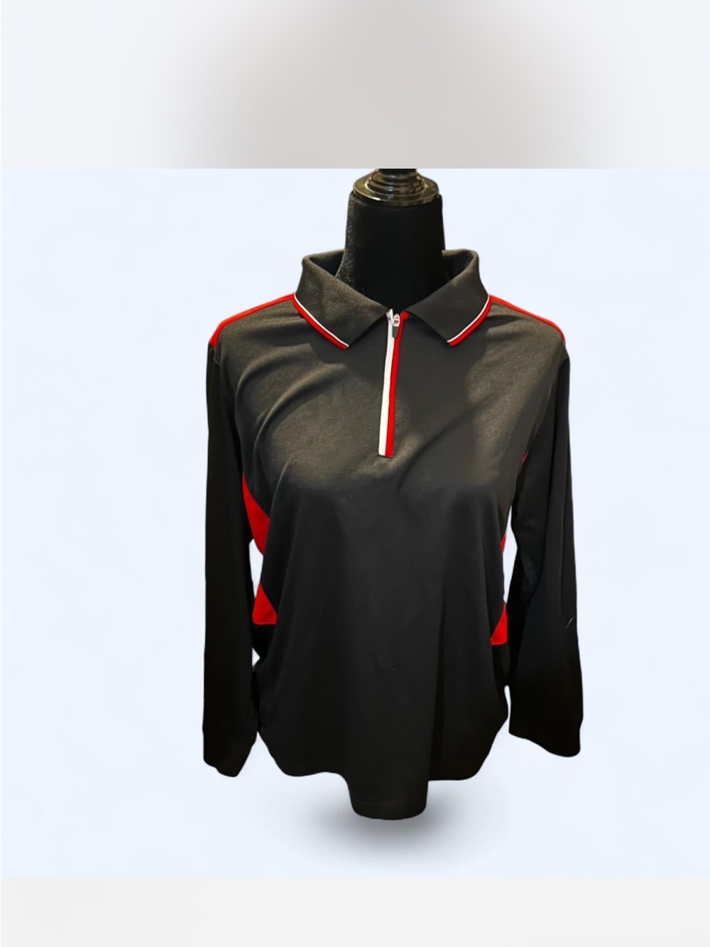 Long Sleeve Polo Tee with Red Trim - Black